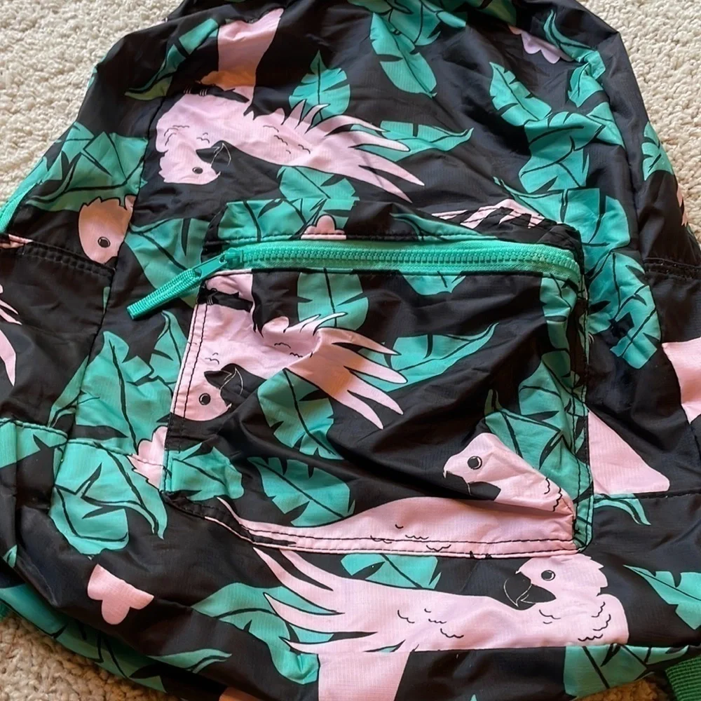 Foldable Black Backpack Flamingos Tropical Leaves Travel Adjustable Strap EUC
